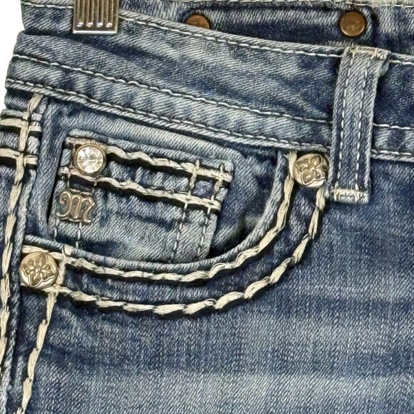 Miss Me Easy Bootcut Jeans 26 Fleur-De-Lis Embellished Ripped Patch Grunge - Picture 3 of 14